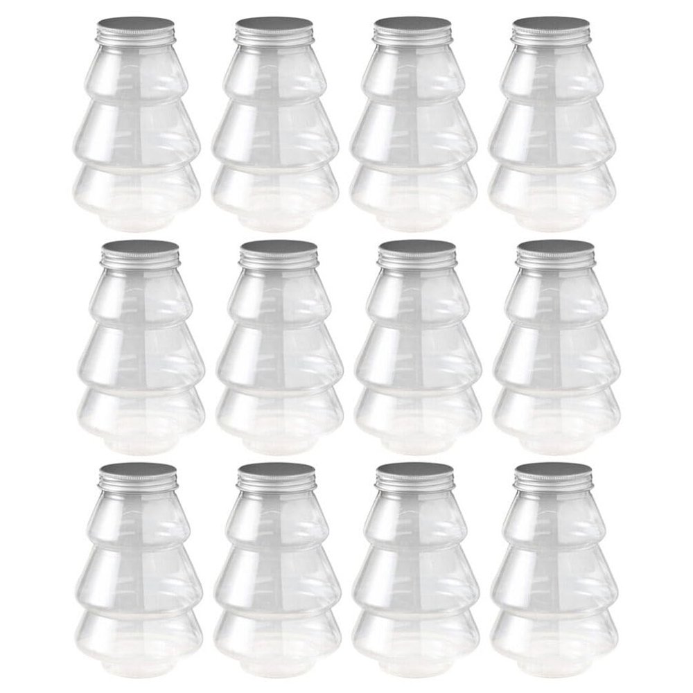 Healifty 12pcs Christmas Tree Juice Bottles Lid Portable Candy Jars for Boys and Girls Christmas Candy Holder Festive Treat Containers for Holidays and Parties