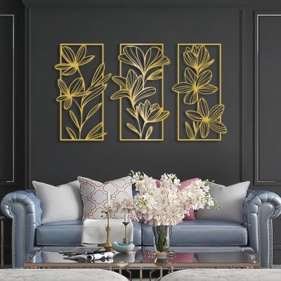 Metal Floral Wall Decor, Flowers Metal Wall Art, Flower Metal Wall Decor, 3 Piece Flower Wall Art, Nature Wall Art Framed, Wall Decor for Living Room, Housewarming Gift (53"x 29"| 135x75cm, Gold)
