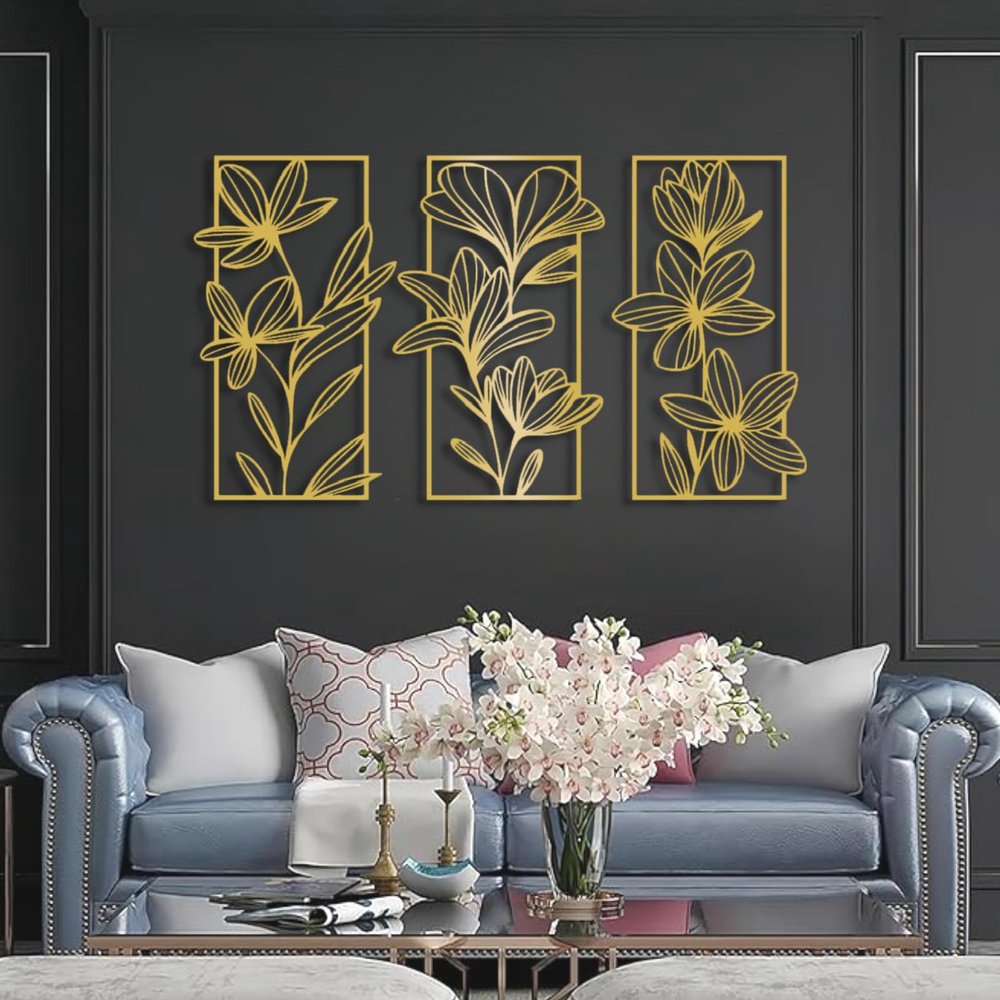 Metal Floral Wall Decor, Flowers Metal Wall Art, Flower Metal Wall Decor, 3 Piece Flower Wall Art, Nature Wall Art Framed, Wall Decor for Living Room, Housewarming Gift (53"x 29"| 135x75cm, Gold)