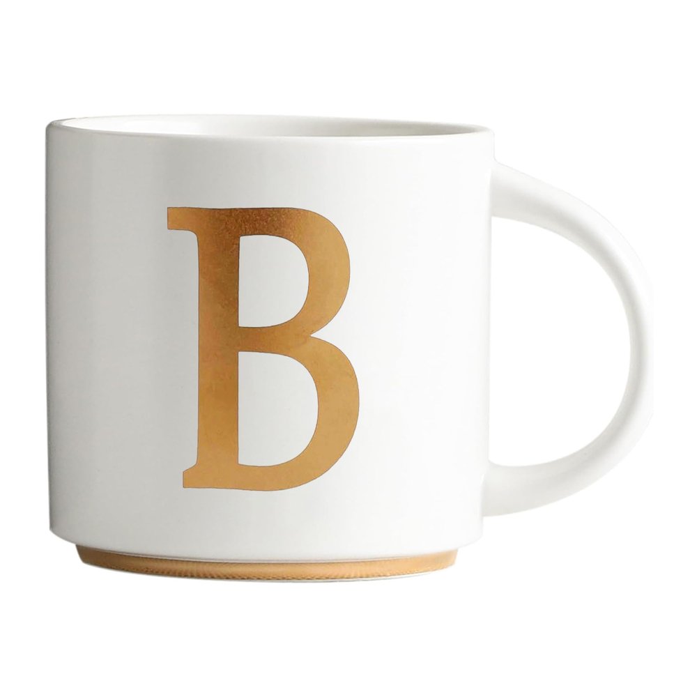 COLLECTIVE HOME - Monogram Ceramic Mugs, 15 oz Golden Initial Coffee Cups, Elegant Alphabet Tea Mugs, Elegant Personalized Mug with Gift Box, Unique Mug with Double Side Capital Letter (B)