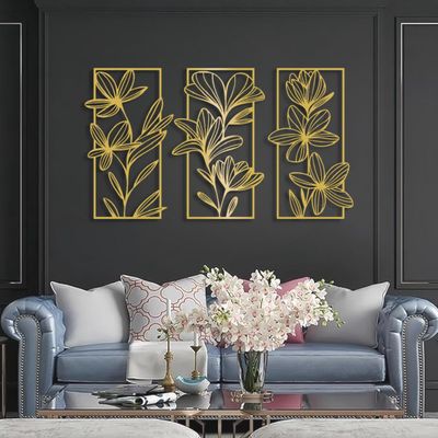 Metal Floral Wall Decor, Flowers Metal Wall Art, Flower Metal Wall Decor, 3 Piece Flower Wall Art, Nature Wall Art Framed, Wall Decor for Living Room, Housewarming Gift (77"x 43"| 198x110cm, Gold)