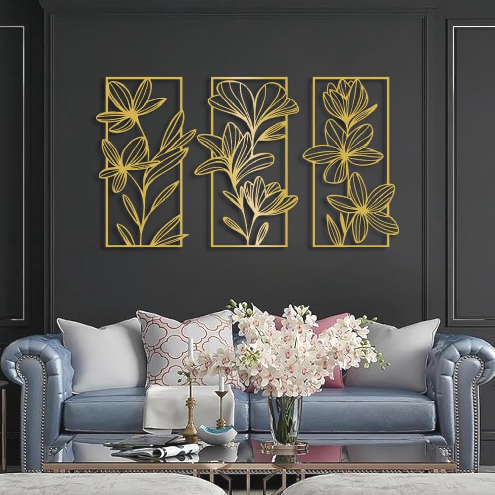 Metal Floral Wall Decor, Flowers Metal Wall Art, Flower Metal Wall Decor, 3 Piece Flower Wall Art, Nature Wall Art Framed, Wall Decor for Living Room, Housewarming Gift (77"x 43"| 198x110cm, Gold)
