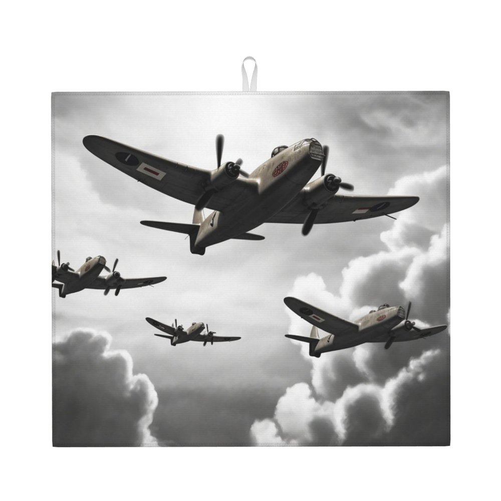 World War Print Dish Drying Mat for Kitchen Counter Super Absorbent Microfiber Drainer Mats Large Size Dish Drying Pad Quick Drying Dish Rack Pad 18"x 16"
