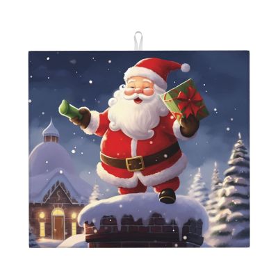 Merry Christmas santa Print Dish Drying Mat for Kitchen Counter Super Absorbent Microfiber Drainer Mats Large Size Dish Drying Pad Quick Drying Dish Rack Pad 18"x 16"