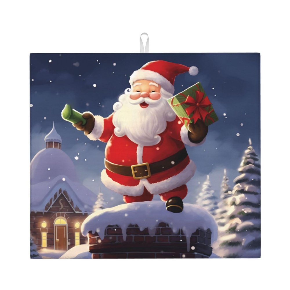 Merry Christmas santa Print Dish Drying Mat for Kitchen Counter Super Absorbent Microfiber Drainer Mats Large Size Dish Drying Pad Quick Drying Dish Rack Pad 18"x 16"