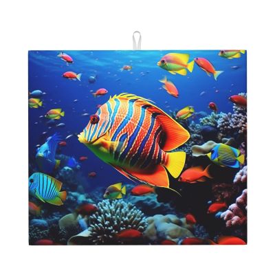 Sea Fishes Print Dish Drying Mat for Kitchen Counter Super Absorbent Microfiber Drainer Mats Large Size Dish Drying Pad Quick Drying Dish Rack Pad 18"x 16"