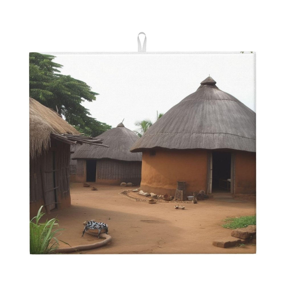 Traditional housing in ghana Print Dish Drying Mat for Kitchen Counter Super Absorbent Microfiber Drainer Mats Large Size Dish Drying Pad Quick Drying Dish Rack Pad 18"x 16"