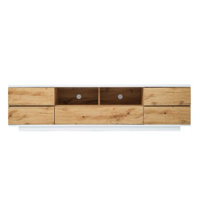 SPOFLYINN Media Console TV Stand for TVs Up to 80'', Entertainment Center with Door Rebound Device, TV Cabinet for Living Room, Bedroom White+Natural MDF+Metal