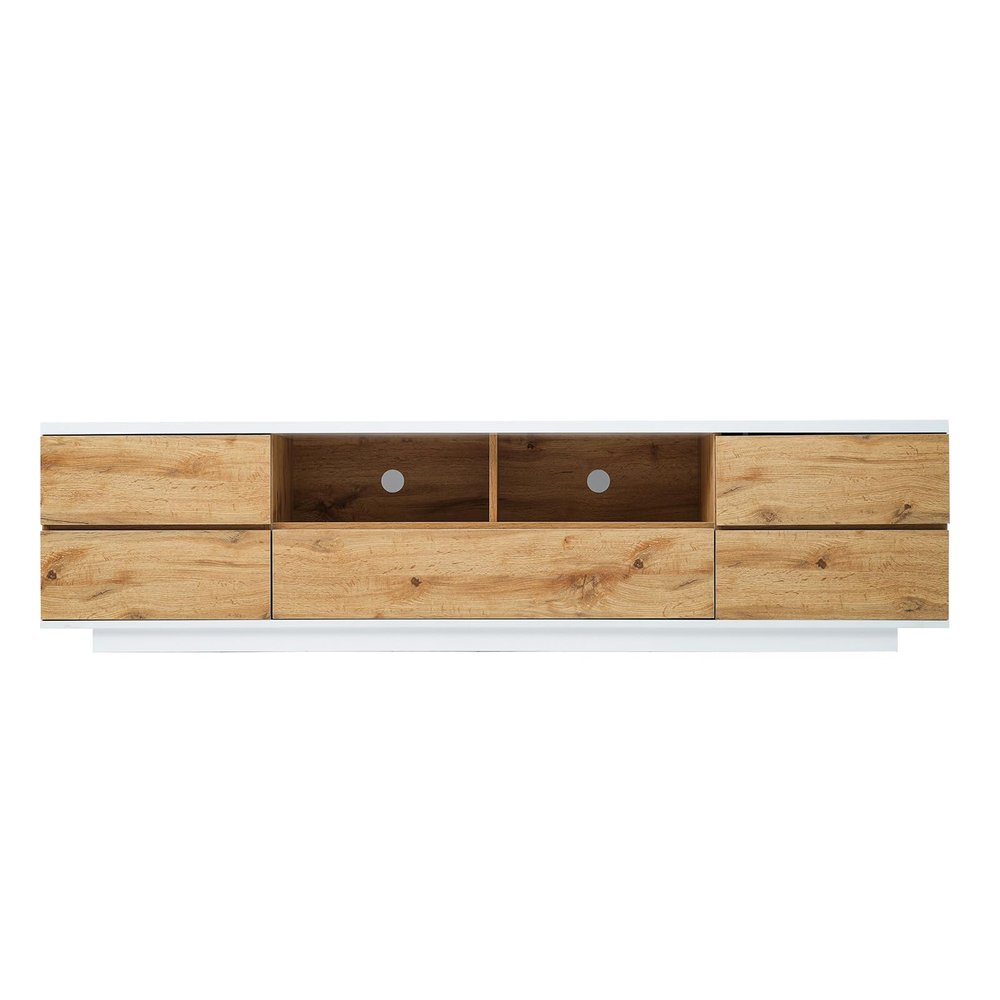 SPOFLYINN Media Console TV Stand for TVs Up to 80'', Entertainment Center with Door Rebound Device, TV Cabinet for Living Room, Bedroom White+Natural MDF+Metal