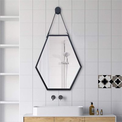 Modern Minimalism Hexagon Black Metal Frame Vanity Makeup Mirror with Hanging Chain Decorative Wall Mirror for Entryways Washrooms Living Room Mirror