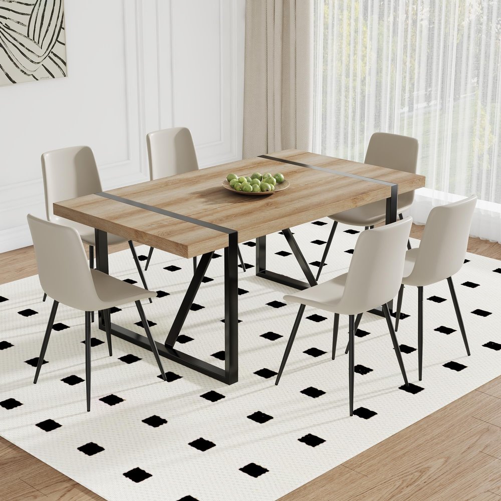 AISYKOD 7-Piece Dining Table Set for 6, Modern Dining Table Set for 6,Industrial Wood Dining Room Table Set,71" Kitchen Dining Table and Chairs, 2.3" Thick Wood Table with High Back PU Leather Chairs