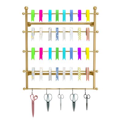 Ribbon Holder Organizer Display Stand Commercial Ribbon Scarf Holder with Hooks, Wall Mount Retail Stores Display Stand for Wrapping Paper/Pants/Blanket, Heavy Duty Iron Frame ( Color : Gold , Size :
