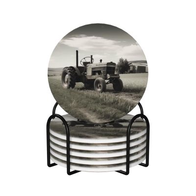 6Pcs Drink Coasters with Holder, Ceramic Drink Coaster for Kinds of Cups, Tractor Agriculture Tranquil Coasters for Drinks Tabletop Protection, Absorbent Cup Coaster for Coffee Table Home Decor