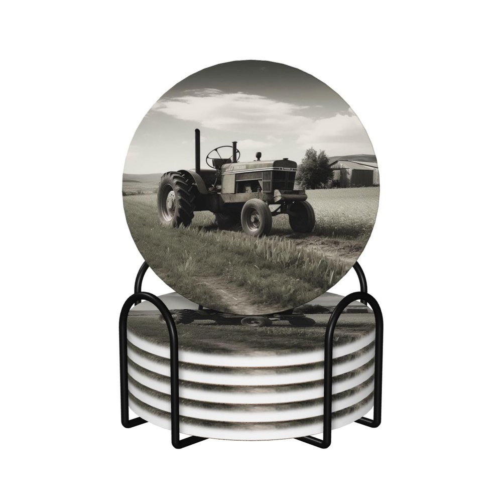 6Pcs Drink Coasters with Holder, Ceramic Drink Coaster for Kinds of Cups, Tractor Agriculture Tranquil Coasters for Drinks Tabletop Protection, Absorbent Cup Coaster for Coffee Table Home Decor