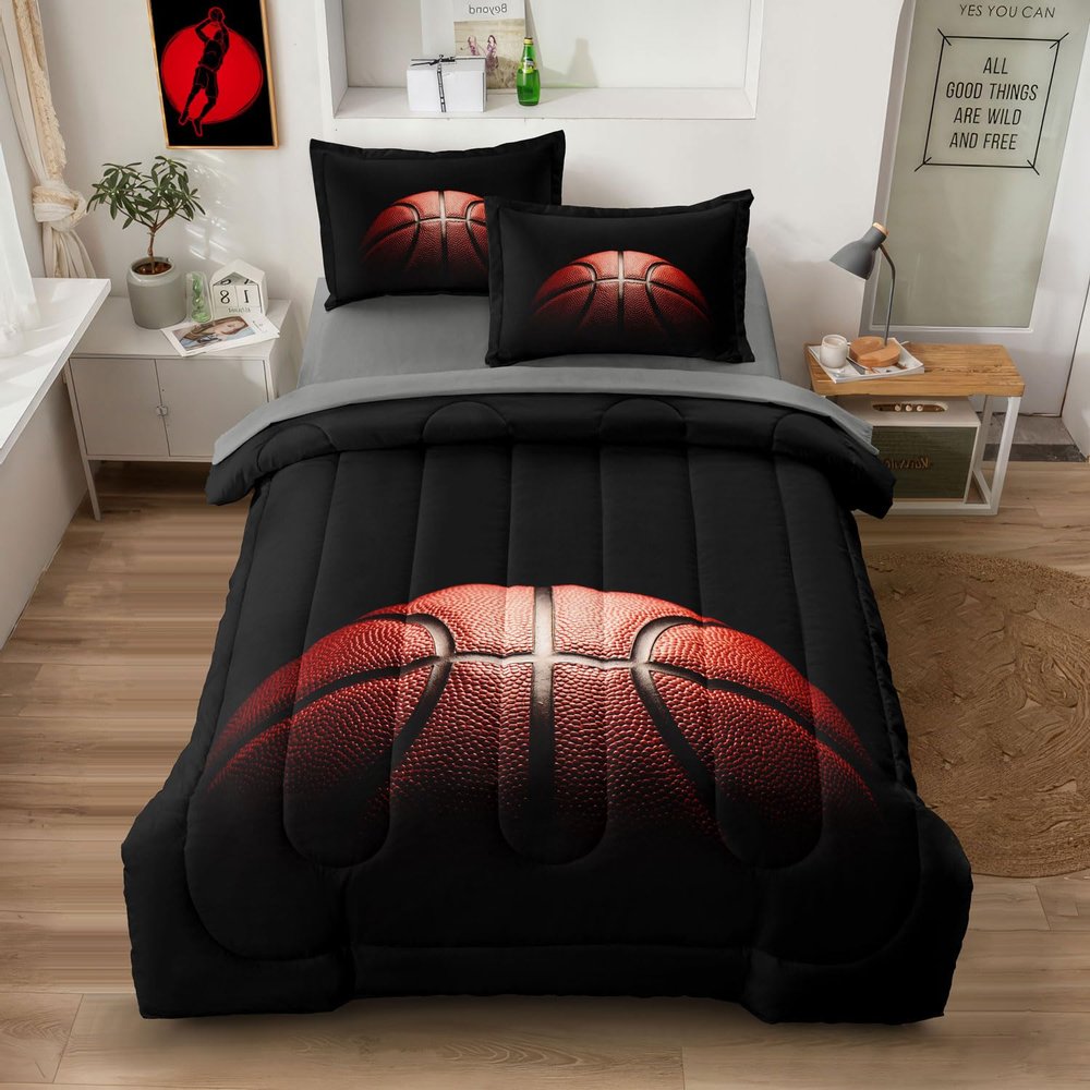 Leaflin Teenage Boy Bedding Sets Full Size 5 Pieces Basketball Comforter Set for Boys Bed in a Bag Set, Basketball Bedding Full, Red Black