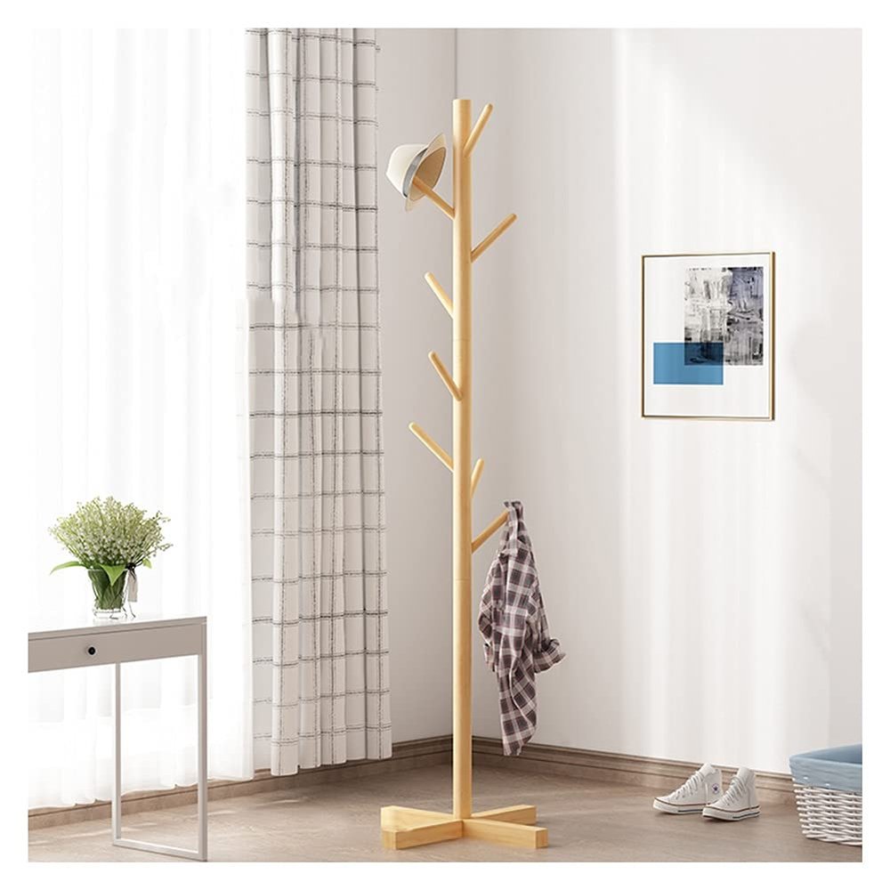 TEMKIN Coat Rack Stand Stand Hat Rack Wooden Coat Rack Free Standing Coat Tree with 3 Sections 8 Hooks Modern Coat Jackets Hanger for Bedroom Hallway Entryway Coat Rack (Color : Natural)