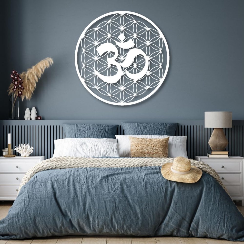 Flower of Life Metal Wall Art-Om Symbol with Flower of Life Metal Wall Decor, OM Metal Wall Decor, Sacred Geometry Metal Wall Art, Spiritual Wall Art, Zen Yoga Studio Decor, Yoga Lover Breathe Gift (18"x 18"| 47x47cm, White)