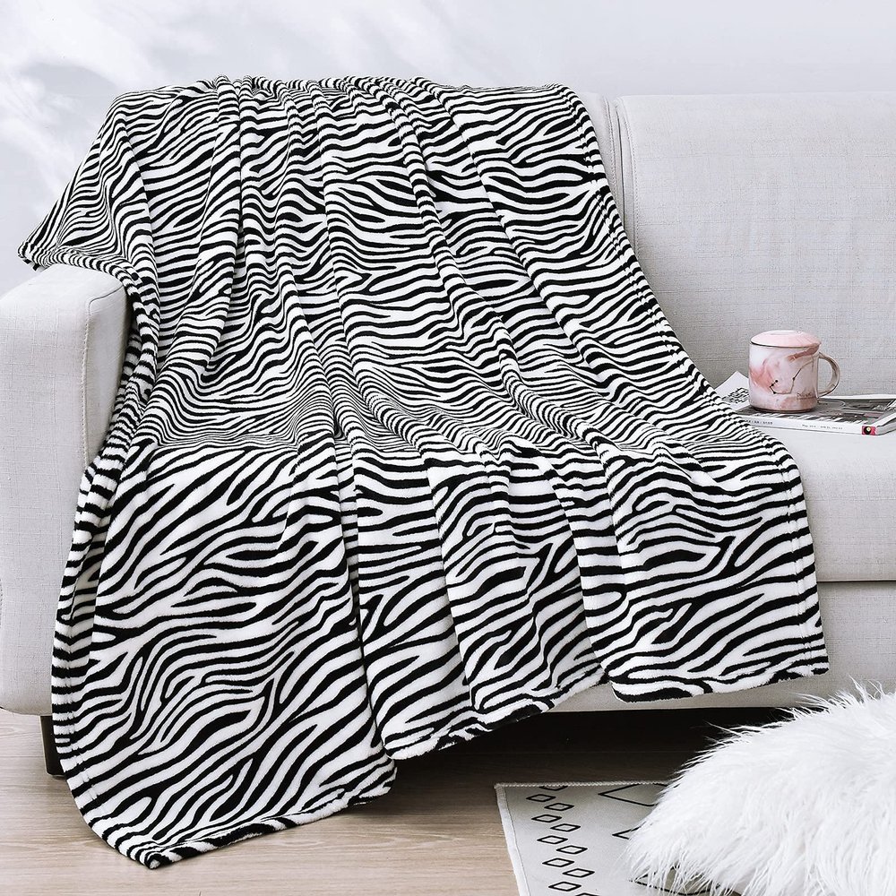 Vessia Zebra Printed Twin Blanket for Couch,Bed,Sofa, Soft Cozy Black and White Zebra Pattern Bed Blanket for Kids Adults Women, Lightweight Comfy Animal Flannel Home Decor for All Season