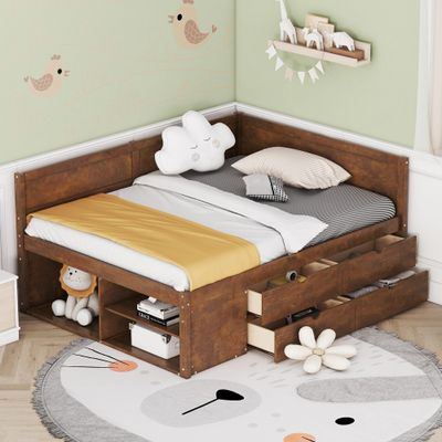 HoRunzelin Full Size Daybed with Storage Drawers, Bookcase Shelves and L-Shaped Headboard, Pine Wood Captains Bed with Bookshelf for Kids Boys Girls, Walnut