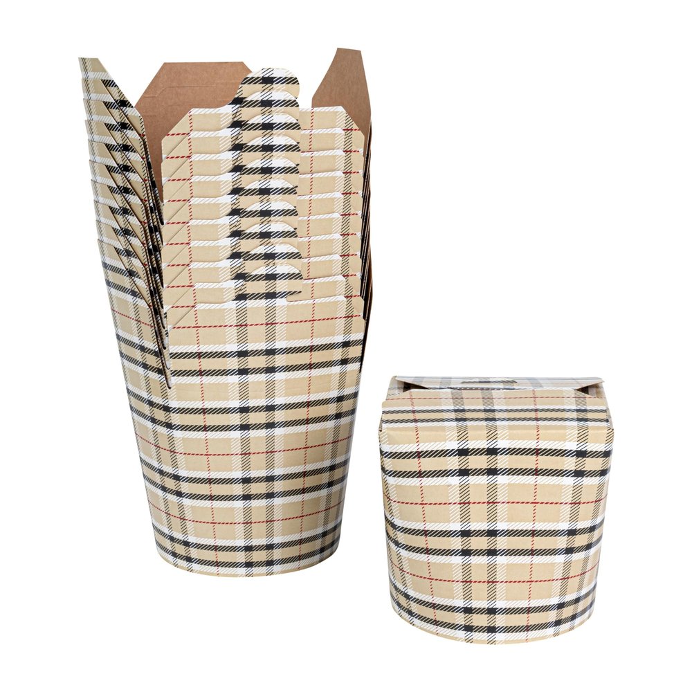 Restaurantware Bio Tek 4 x 3.4 x 3.7 Inch Food Containers 200 Noodle Takeaway Boxes - Disposable Sturdy Plaid Paper 26 Ounce Take Out Boxes Round For Hot Or Cold Foods