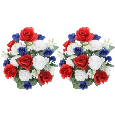 Admired by Nature 2 pcs 24 Stem Artificial Flowers Roses Carnation Mixed Bush Spring Faux Flower Indoor Wedding Home Decor, Cemetery Decorations for Grave, Red, White, Blue