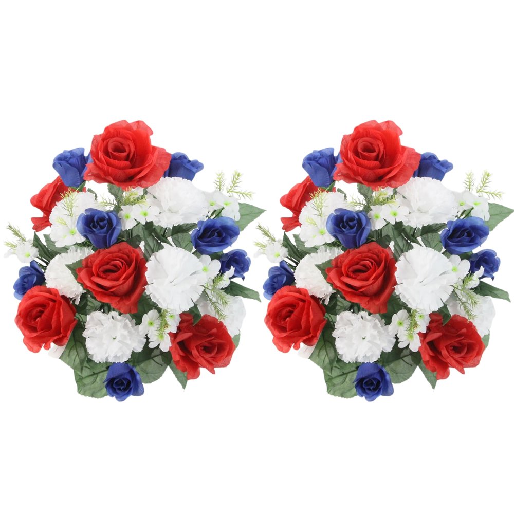 Admired by Nature 2 pcs 24 Stem Artificial Flowers Roses Carnation Mixed Bush Spring Faux Flower Indoor Wedding Home Decor, Cemetery Decorations for Grave, Red, White, Blue
