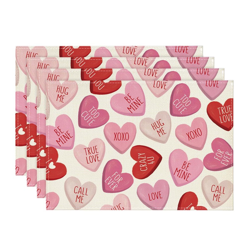 Artoid Mode Pink True Love Heart Candy Valentine Placemats Set of 4, 12x18 Inch Seasonal Table Mats for Party Kitchen Dining Decoration