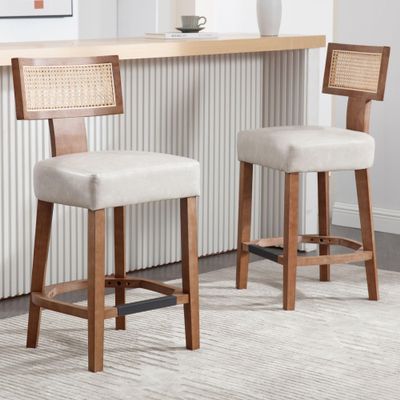 26 Rattan Barstools with Back Counter Height Bar Stool Set of 2, Grey PU Leather Modern Kitchen Counter Stool Upholstered Farmhouse Wicker Bar Stool, Boho Bar Stool Chairs with Natural Wood Frame
