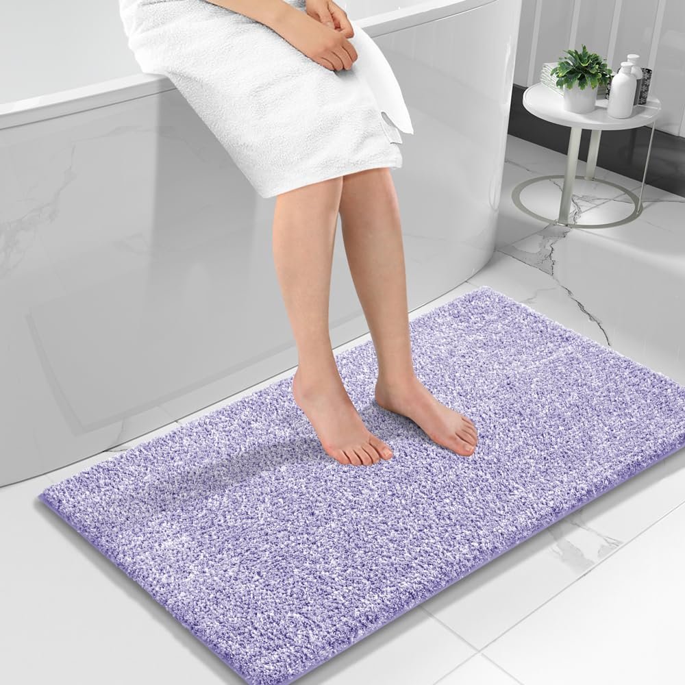 Yimobra Long Bathroom Rug Non Slip Washable, Soft Absorbent Microfiber Bath Mat, Dual-Tone Decor Rug with Rubber Backing for Bathroom Floor Tub and Shower,44x24,Home Essentials,Purple and White