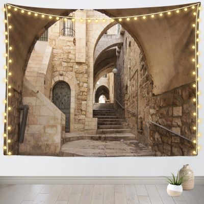 Loccor Jerusalem Old City Street Tapestry 179''x98'' Hidden Passageway Stone Arch and Stairway Street Stone Wall in Israel Tapestry for Home Bedroom Living Room Wall Hanging Decor