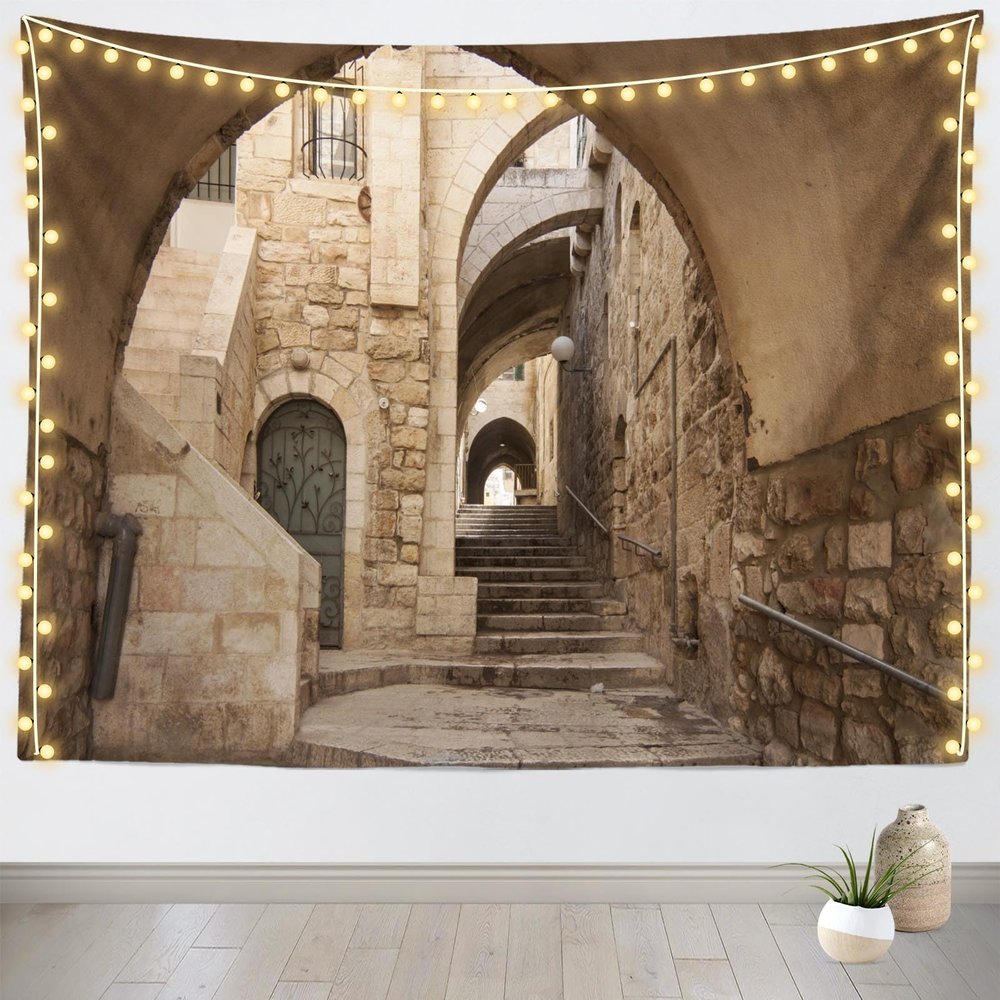 Loccor Jerusalem Old City Street Tapestry 70''x47'' Hidden Passageway Stone Arch and Stairway Street Stone Wall in Israel Tapestry for Home Bedroom Living Room Wall Hanging Decor