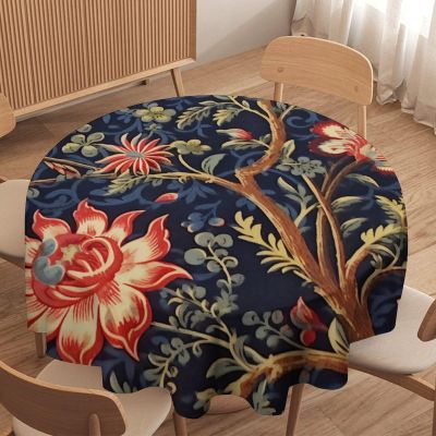 Yinrune Chinoiserie Botanical Floral Round Tablecloth Navy Blue Burgundy Gold Asian Table Cloth 60x60in Table Cover Outdoor Washable Polyester Table Decor for Kitchen Dinning Table