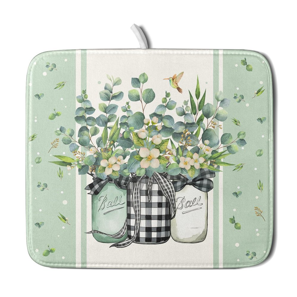 Eucalyptus Dish Drying Mat for Kitchen Counter, 16x18 Inch Spring Green Leaves Flower Plaid Vase Microfiber Dish Drainer Rack Mats Absorbent Reversible Dishes Pad