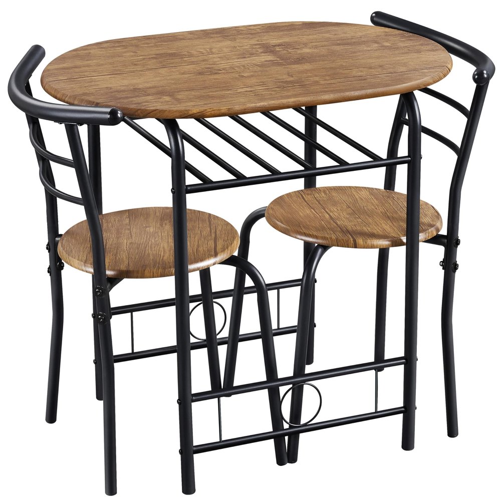 Topeakmart Modern Round Dining Table Set, Kitchen Table and 2 Chairs Small Dining Table for 2 with Storage, Breakfast Bistro Table Set for Small Space Kitchen Home, Brown