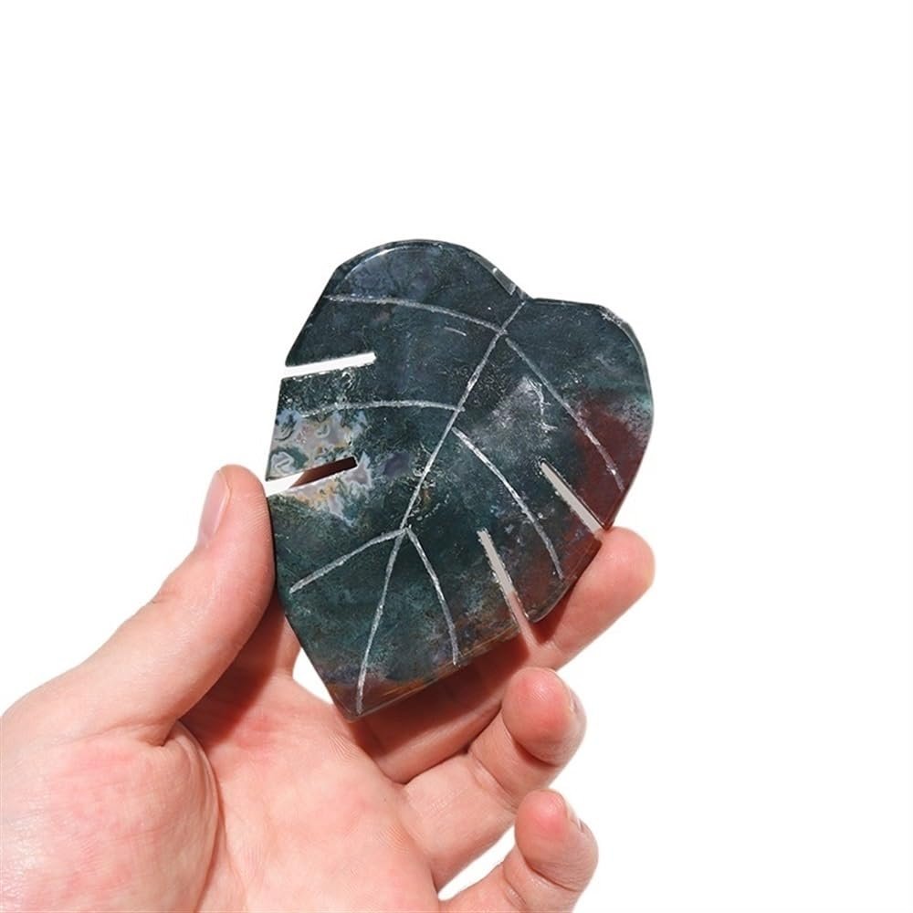 KatLin 1PC Natural Crystal Leaves Carving Moss Agate Family Decoration Sculpture Energy Health Green Gem Gift DIY Pendant Gemstone Ornaments