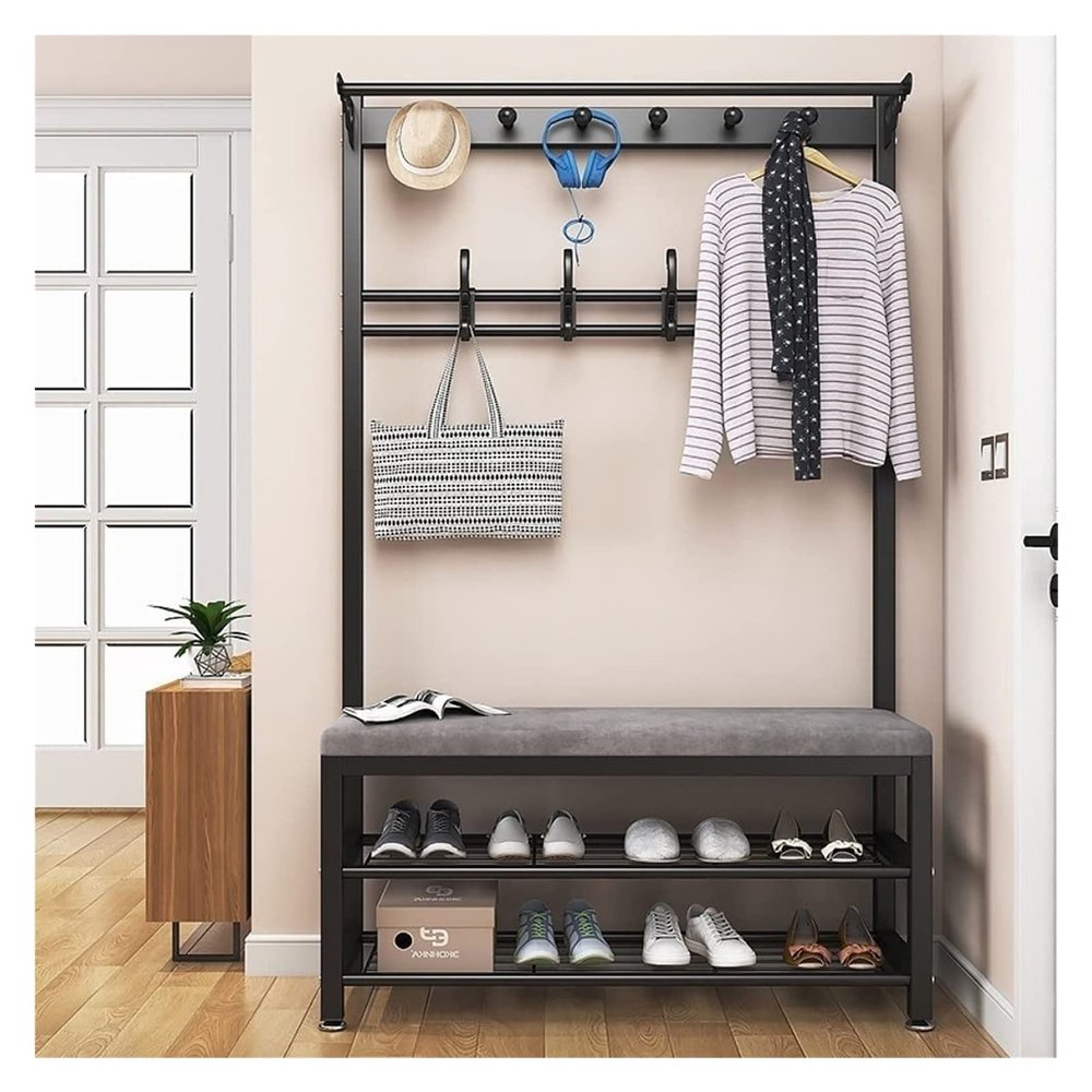 Exquisite Clothes Rail Rack Shoe Bench Coat Stand Rack Hangers With Bench And 10 Hooks Entryway Coat Racks Shoe Bench Industrial Entryway Home Furniture Storage Shelf Organizer Accent Furnit