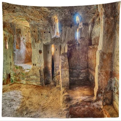 CORFOTO 70x47 Inch Vintage Cave Tapestry Wall Hanging Interior of Underground Cave House Carved Castle Dungeon Background for Apartment Dining Room Decor Living Room Bedroom Dorm Wall Hanging