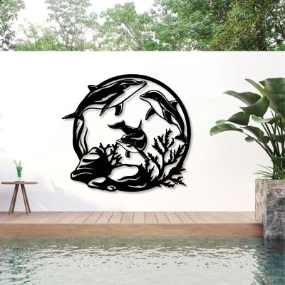 Dolphin Wall Decor Metal, Dolphin Wall Art, Metal Seaweed Wall Decor, Coastal Wall Decor, Ocean Metal Wall Art, Nautical Wall Decor, Metal Wall Art for Living Room Bathroom (19"x17" | 47x43 cm, Black)