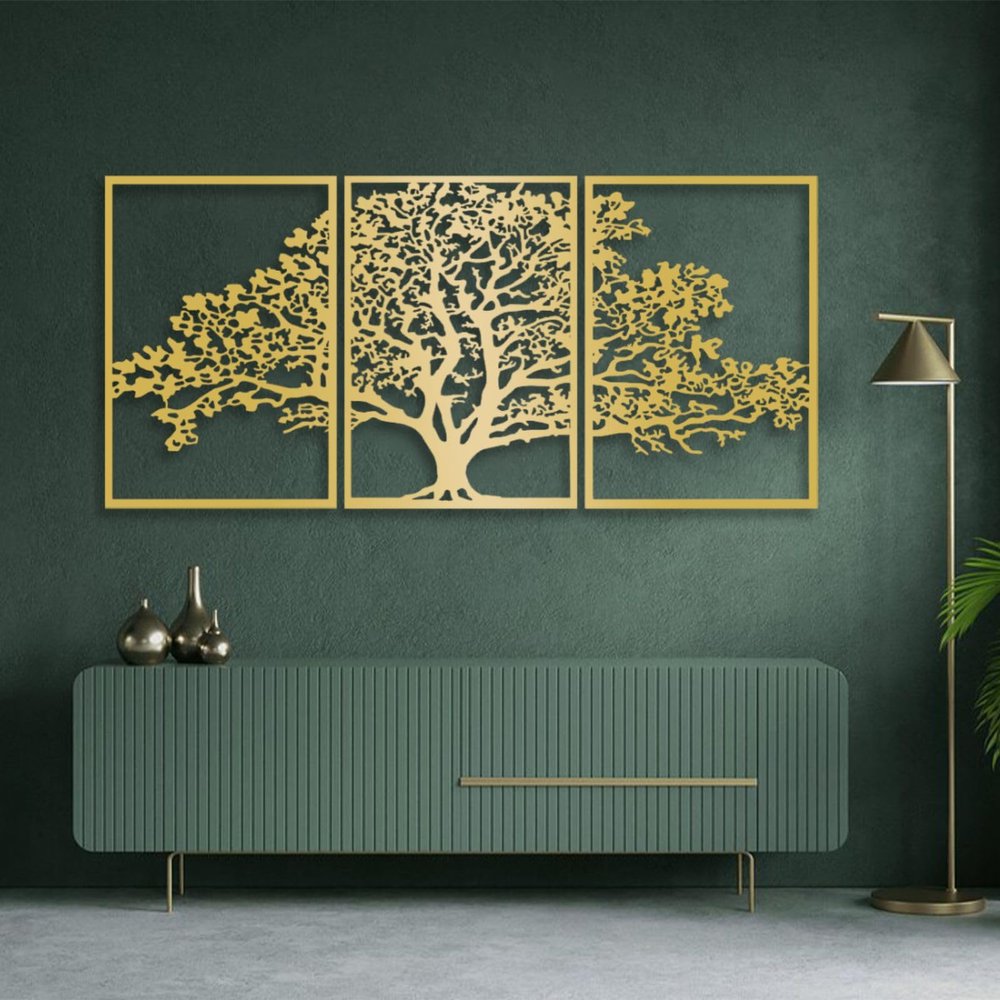 3 Panels Metal Art Tree, Metal Tree Wall Art, Tree of Life Metal Wall Art, Large Metal Tree Wall Decor, Nature Metal Wall Art, Housewarming Gift, Metal Wall Decor for Living Room Farmhouse (24"x17" | 60x42 cm x3pcs, Gold)