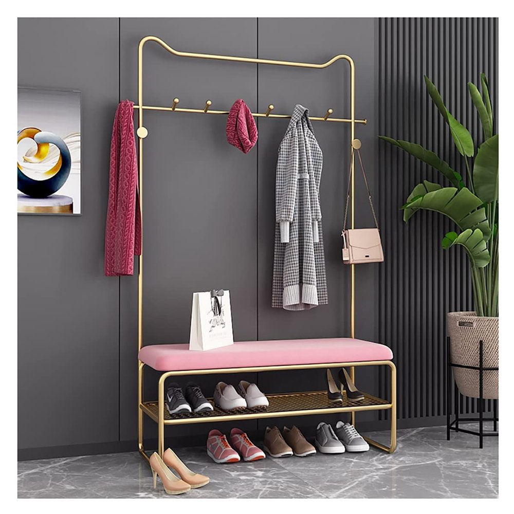 Exquisite Clothes Rail Rack Coat Rack Stand with Shoe Bench Freestanding Hall Tree with 8 Hanger Hooks Clothes Rail with Shoe Storage Shelf for Hallway Entryway and Bedroom/Pink/100cm