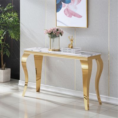 47in Marble Console Table with S-Shape Stainless Steel Legs, Modern Rectangular Faux Marble Entry Table, Sofa Accent Tables for Living Room, Entryway, Hallyway, Entrance (Gold&White)