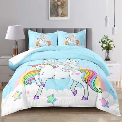 Raphus Cucullatus Unicorn Comforter Set King Size for Girls - Blue Rainbow Kawaii Bedding - Cute King Comforter Set
