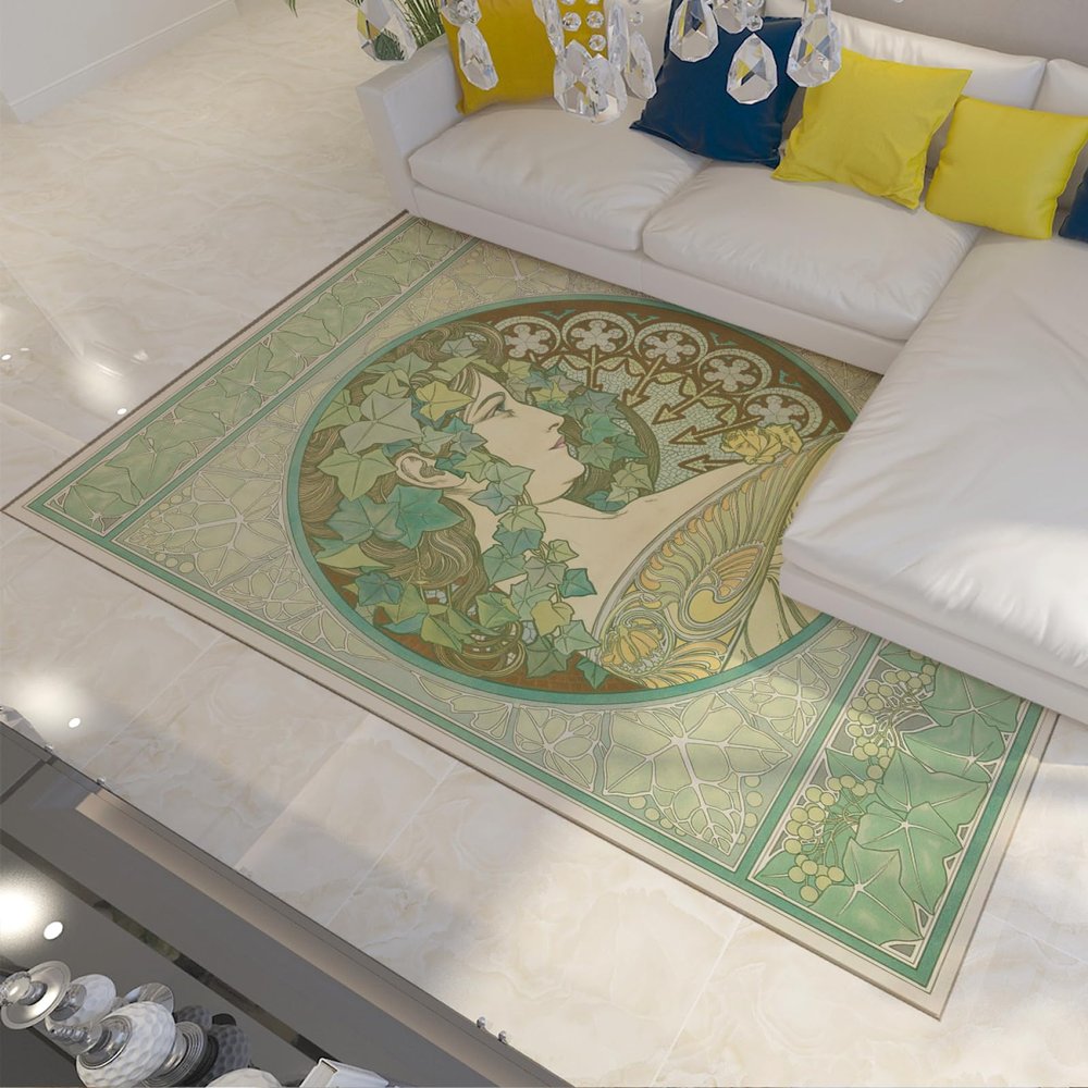 Alphonse Mucha Illustration Area Rug Non Slip Machine Washable Floor Mat for Living Room Rococo Art Carpet Floor Western Aesthetics 5'3''x8'