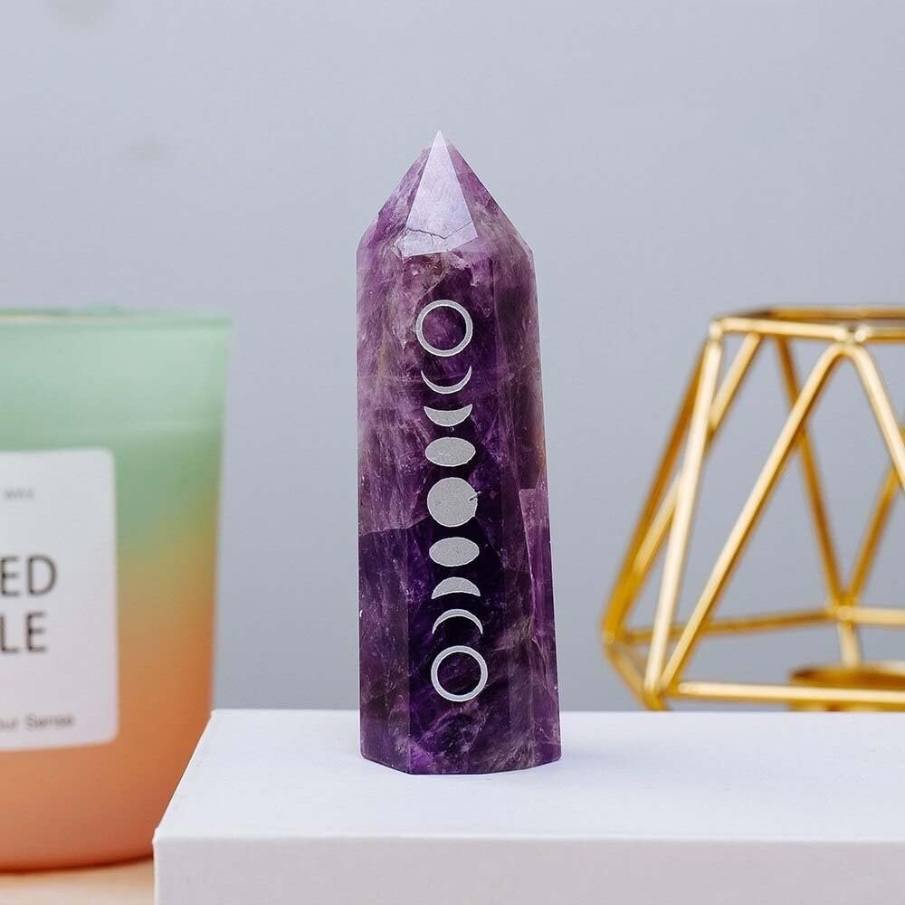KatLin 7-8cm Natural Amethyst Point Tower Phase of The Moon Symbol Crystal Wand Rose Quartz Eclipse Crystal Column Home Dec Ornaments (Color : Amethyst)