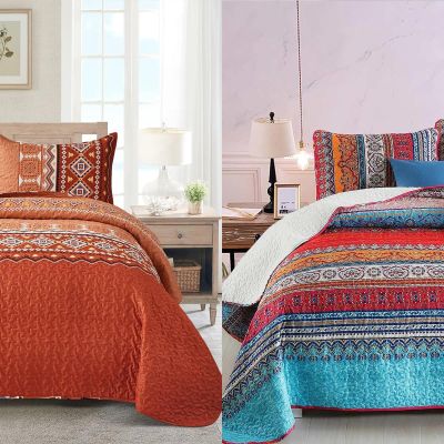 Burnt Orange King Quilt and Bohemian Quilt Set Queen, Bedspread Set for All Season, Soft Microfiber Lightweight Bedding Set
