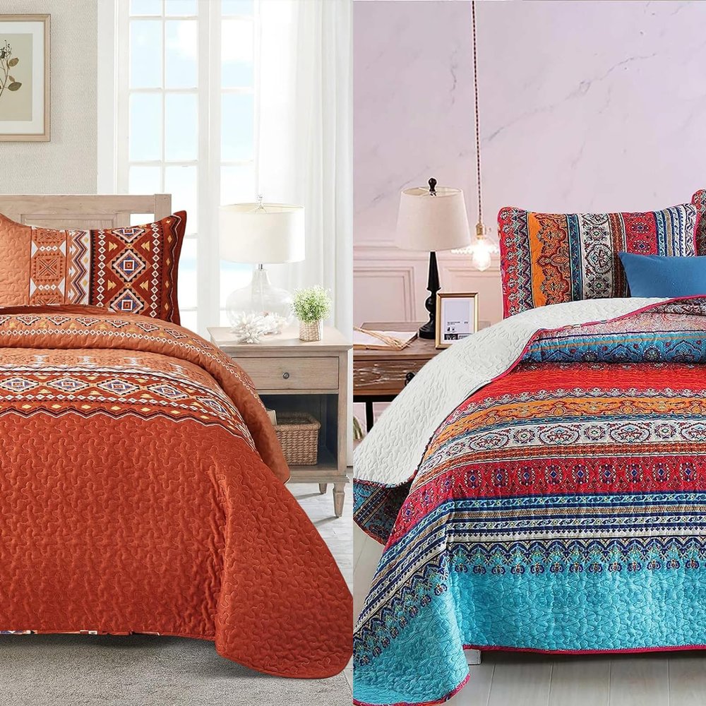 Burnt Orange King Quilt and Bohemian Quilt Set Queen, Bedspread Set for All Season, Soft Microfiber Lightweight Bedding Set