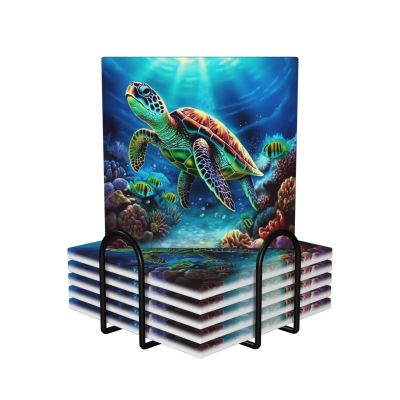 6Pcs Drink Coasters with Holder, Ceramic Drink Coaster for Kinds of Cups, Sea Turtles Diamond Painting Coasters for Drinks Tabletop Protection, Absorbent Cup Coaster for Coffee Table Home Decor