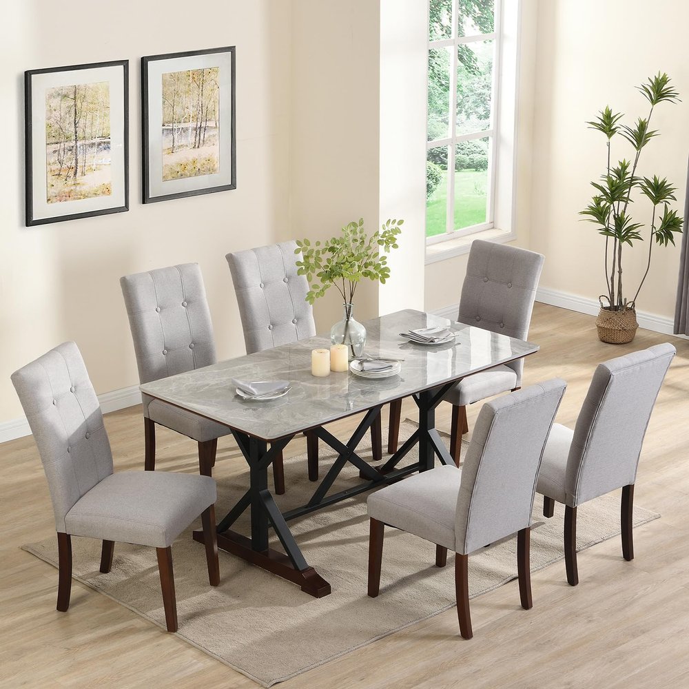7-Piece Modern Dining Table Set for 6 People, Gray Sintered Stone Kitchen Table Set 63 inch Rectangular Dining Room Table with 6 Tufted Upholstered Chairs for Living Room Kitchen Office