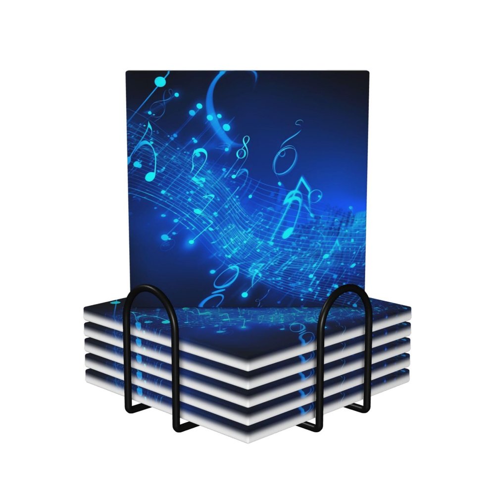 6Pcs Drink Coasters with Holder, Ceramic Drink Coaster for Kinds of Cups, Blue Musical Notes Coasters for Drinks Tabletop Protection, Absorbent Cup Coaster for Coffee Table Home Decor