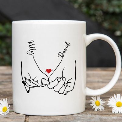 Adaira Personalized Pinky Promise Holding Hands Mug, Custom Name Couple Coffee Mug, Valentine's Day Mug Gift For Boyfriend, Birthday Gift for Her, Gift For Him, Funny Gifts For Wife Husband